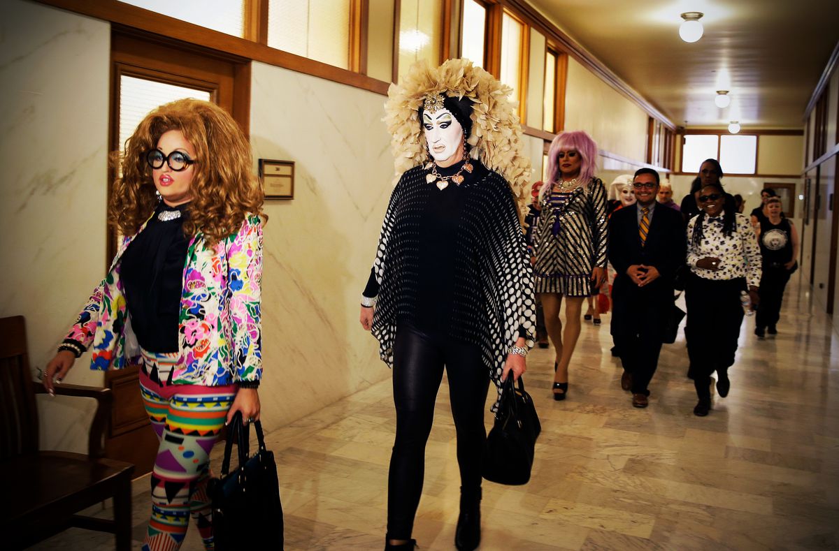 Lil Miss Hot Mess and Sister Roma walking down hallway at San Francisco City Hall
